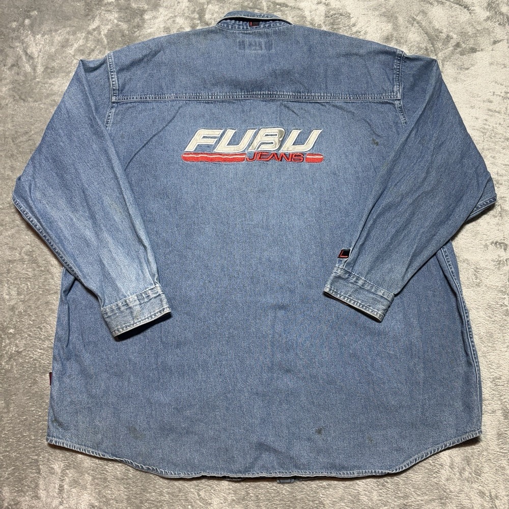 Vintage FUBU Jeans Denim Shirt XXXL 3XL Big Logo Embroidered Blue Hip Hop 90s